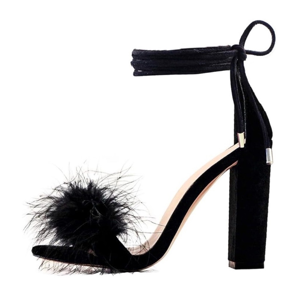 Feather Open Toe Chunky Wrap Heels